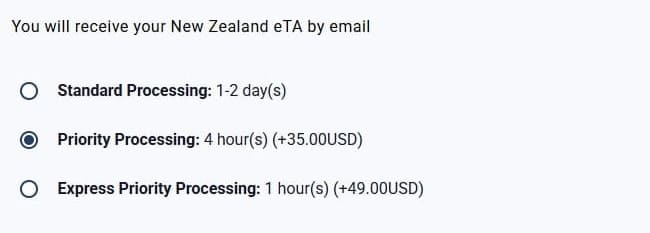 Options and processing time of the NzeTA  delivery nzeta